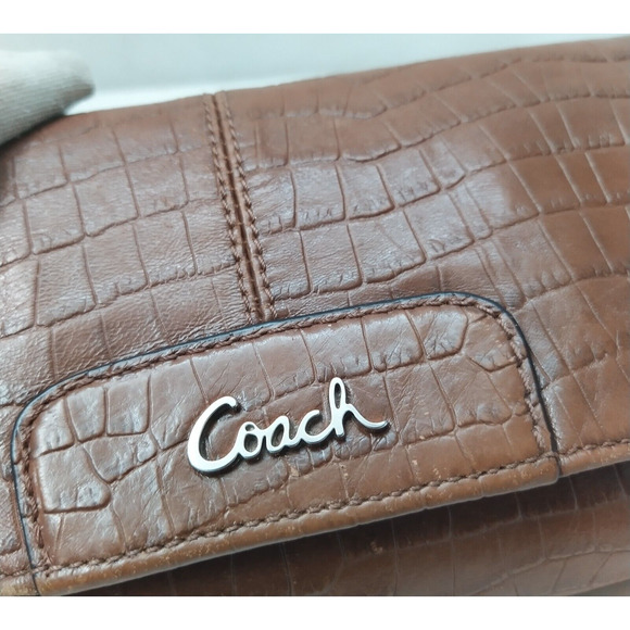 Coach Asley Brown Leather Snakeskin Embossed Flap Closure Wristlet Wallet - Picture 4 of 12
